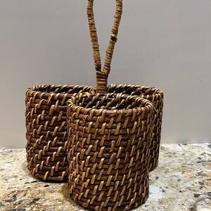 Vintage 3 Slot Rattan Woven Utensil Caddy  Natural